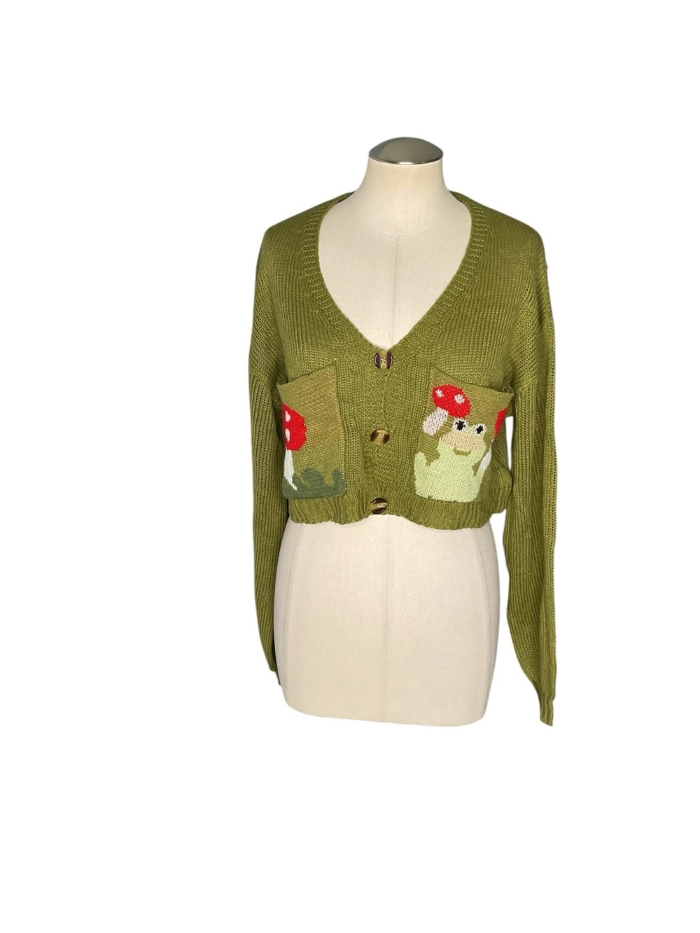 Romwe Mushroom Frog Cardigan Cropped Green Cottagecore Knit M - Picture 2 of 7